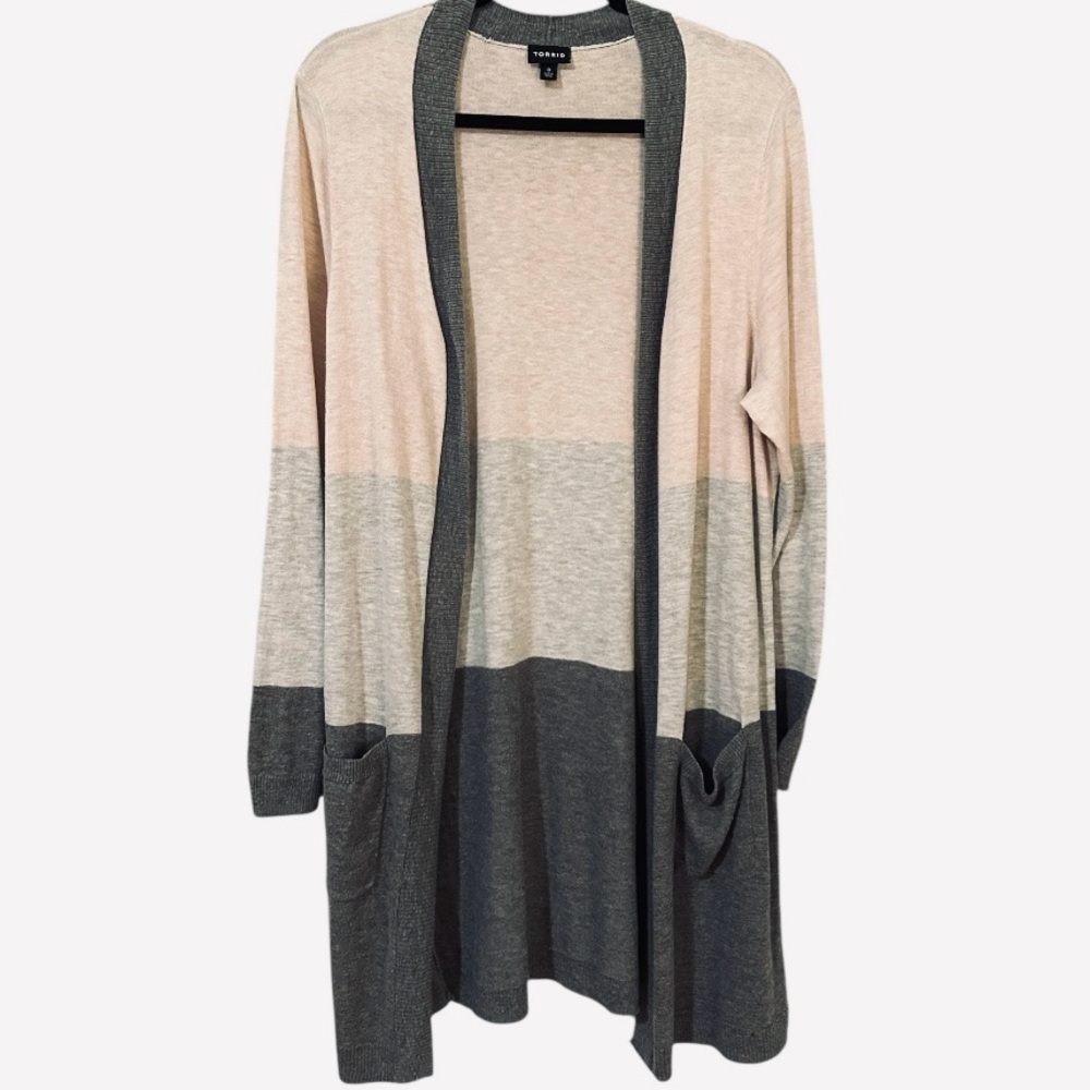 TORRID Open Front Cardigan Gray and Cream Striped